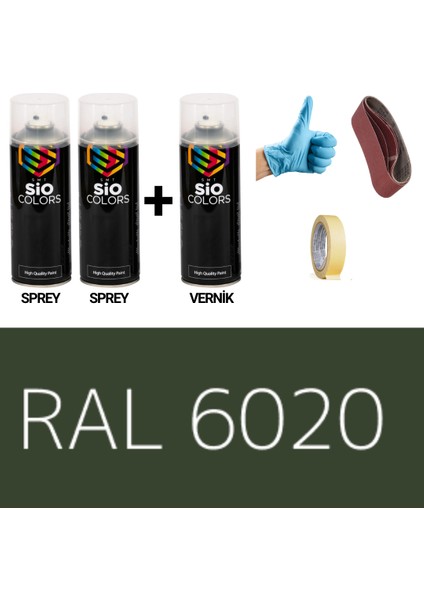 2 Adet Sprey+1 Adet Vernik Krom Yeşil RAL-6020 Sprey Boya Seti 400 Ml+Zımpara+Kağıtbant+Eldiven