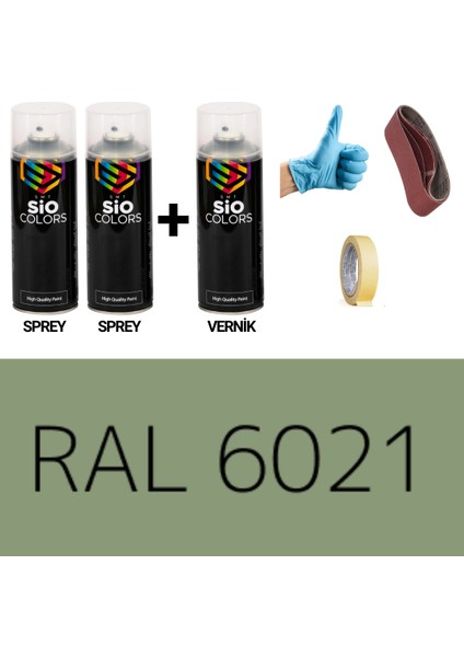2 Adet Sprey+1 Adet Vernik Soluk Yeşil RAL-6021 Sprey Boya Seti 400 Ml+Zımpara+Kağıtbant+Eldiven