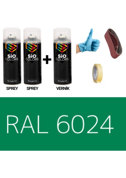 2 Adet Sprey+1 Adet Vernik Ulaşım Yeşil RAL-6024 Sprey Boya Seti 400 Ml+Zımpara+Kağıtbant+Eldiven