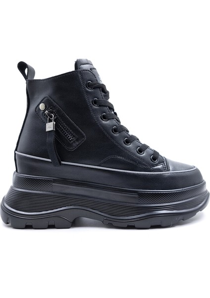 G24K345 Hakiki Deri Yüksek Taban Kadın Bilekli Siyah Sneaker Ayakkabı