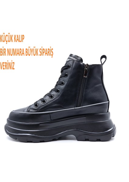G24K345 Hakiki Deri Yüksek Taban Kadın Bilekli Siyah Sneaker Ayakkabı