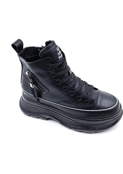 G24K345 Hakiki Deri Yüksek Taban Kadın Bilekli Siyah Sneaker Ayakkabı