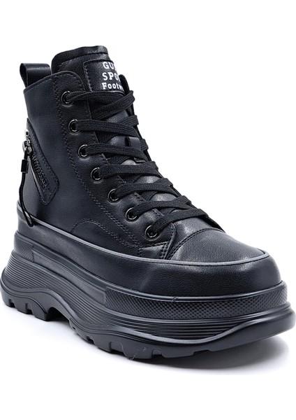 G24K345 Hakiki Deri Yüksek Taban Kadın Bilekli Siyah Sneaker Ayakkabı