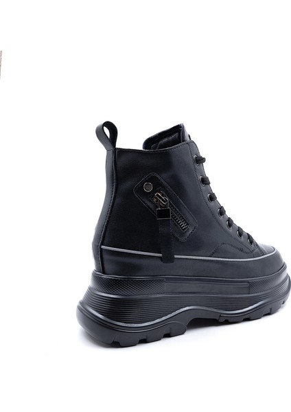 G24K345 Hakiki Deri Yüksek Taban Kadın Bilekli Siyah Sneaker Ayakkabı