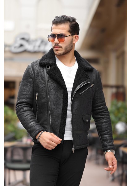 Erkek Napa Deri Çapraz Yaka Mont Siyah modelleri