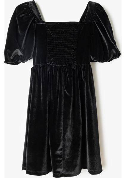 Kadife Elbise Çiçek Aplikeli Kare Yaka Balon Kollu fiyatları