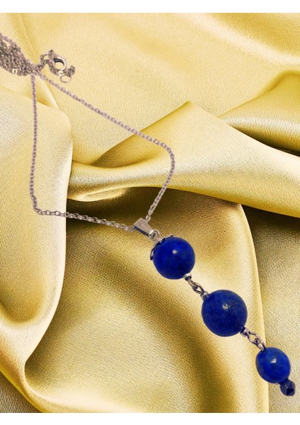 Lapis Lazuli Doğal Taş Kolye - Mavi Kolye - Casual Mavi Lapis Lazuli Gümüş Renkli Üç Taşlı Kolye