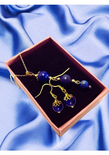 Lapis Lazuli Boncuklu Gold Renk Sallantılı Küpe ve Kolye Seti - Doğal Taş Takı -Üç Taş Kolye ve Küpe Takı Seti