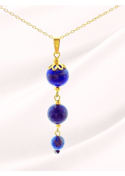 Lapis Lazuli Boncuklu Gold Renk Sallantılı Küpe ve Kolye Seti - Doğal Taş Takı -Üç Taş Kolye ve Küpe Takı Seti fiyatları