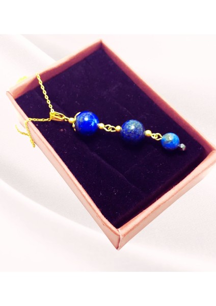 Lapis Lazuli Boncuklu Gold Renk Sallantılı Küpe ve Kolye Seti - Doğal Taş Takı -Üç Taş Kolye ve Küpe Takı Seti modelleri