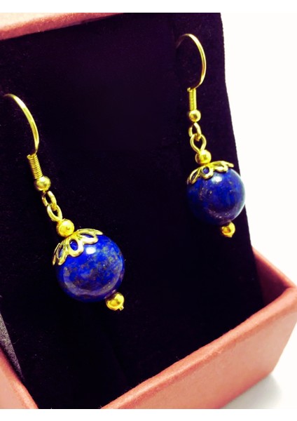 Lapis Lazuli Boncuklu Gold Renk Sallantılı Küpe ve Kolye Seti - Doğal Taş Takı -Üç Taş Kolye ve Küpe Takı Seti fırsatları