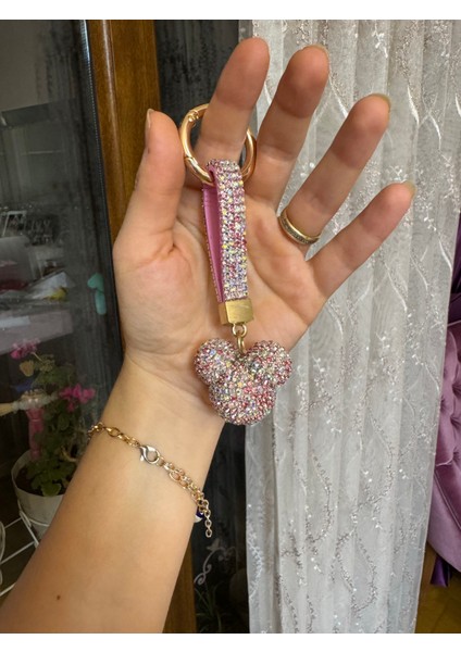 Kristal Taşlı Anahtarlık ve Charm Bileklik Ikili Hediye Seti (Pembe)