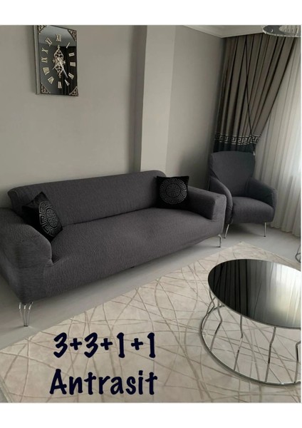 Lastikli Yıkanabilir Antrasit Jakarlı Koltuk Örtüsü Seti 2x3'lü 2x1'li