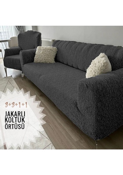 Lastikli Yıkanabilir Antrasit Jakarlı Koltuk Örtüsü Seti 2x3'lü 2x1'li