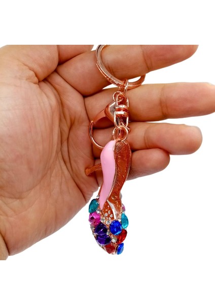 Kristal Taşlı Topuklu Ayakkabı Anahtarlık Pembe No.5