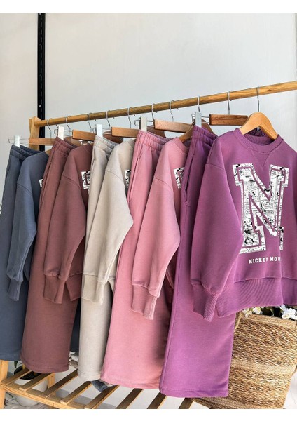 aden M Harfli Mickey Pamuklu 3 Iplik Şardonsuz Sweat Bol Ispanyol Paça Eşofman Kız Çocuk Takım fiyatları