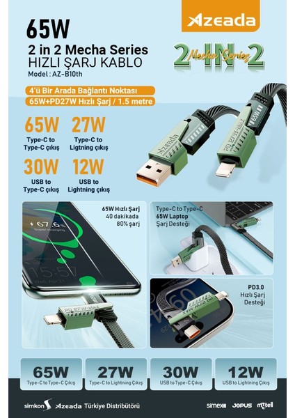 Azeada 65W Çoklu USB Type-C ve Lightning Örgülü Şarj ve Data Kablosu - 1.5 Metre 65 W
