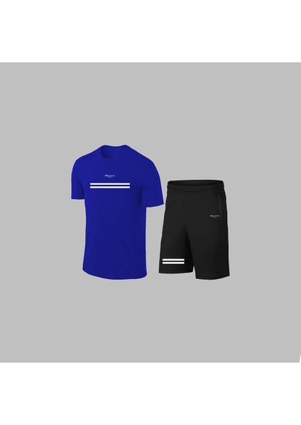 Yeni Seri Büyük Beden Erkek Mavi Dri Kumaş Antrenman ve Koşu Için Konforlu Cepli Düz Tişört Şort Seti 4XL-10XL