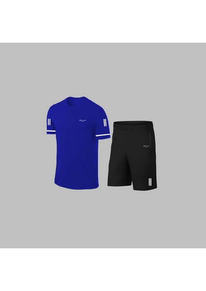 Yeni Seri Büyük Beden Erkek Mavi Dri-Fit Kumaş Baskısız Yuvarlak Yaka Kısa Kol Tişört Şort Alt Üst Spor Takım 4XL-10XL