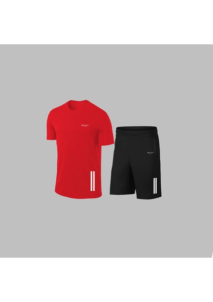 Erkek Kırmızı Dri-Fit Kumaş Cepli Baskısız Sıfır Yaka Kısa Kol Alt Üst Takım Tişört Şort Seti S-3xl