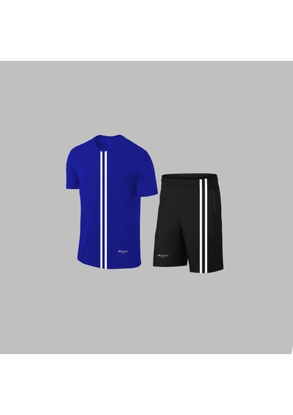 Erkek Mavi Dri-Fit Kumaş Yürüyüş ve Koşu Için Konforlu Cepli Sıfır Yaka Tişört Şort Ikili Alt Üst Seti S-3xl