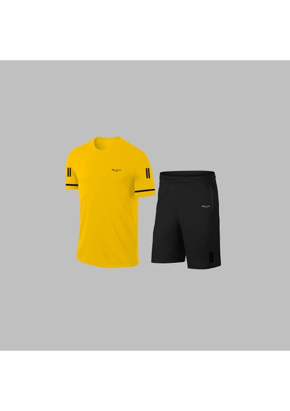 Yeni Seri Büyük Beden Erkek Sarı Dri-Fit Kumaş Baskısız Konforlu Tişört Şort Alt Üst Ikili Takım Seti 4XL-10XL