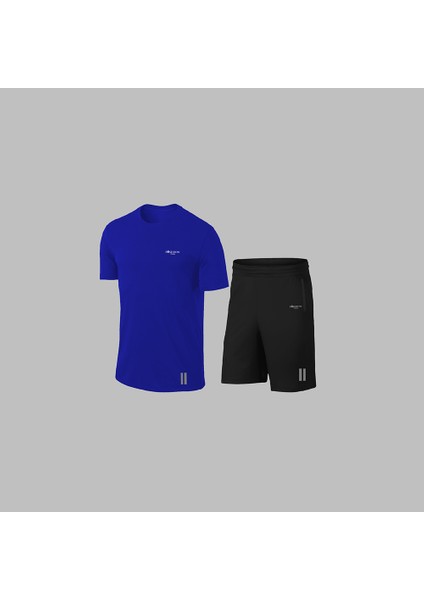 Erkek Mavi Dri-Fit Kumaş Cepli Baskısız Bisiklet Yaka Sporcu Tişört Şort Alt Üst Ikili Takım S-3xl