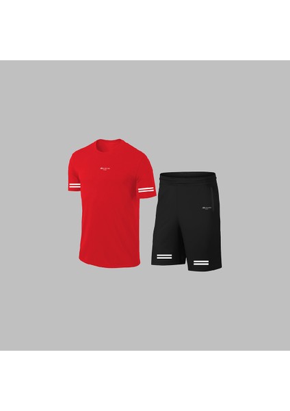 Erkek Kırmızı Dri-Fit Kumaş Cepli Baskısız Sıfır Yaka Kısa Kol Alt Üst Takım Tişört Şort Seti S-3xl