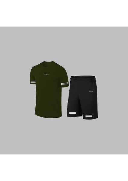 Yeni Seri Büyük Beden Erkek Haki Dri-Fit Kumaş Yürüyüş ve Koşu Için Konforlu Cepli Sıfır Yaka Tişört Şort Ikili Alt Üst Seti 4XL-10XL