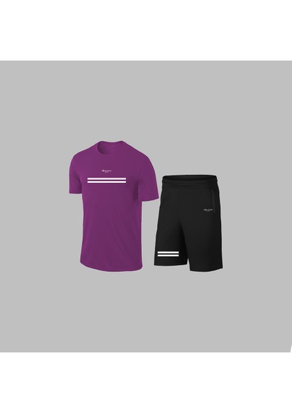 Erkek Mor Dri-Fit Kumaş Antrenman ve Koşu Için Konforlu Cepli Düz Tişört Şort Seti S-3xl