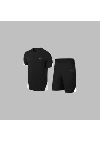 Erkek Siyahdri-Fit Kumaş Düz Kısa Kol Konforlu Tişört Şort Alt Üst Ikili Takım Seti S-3xl