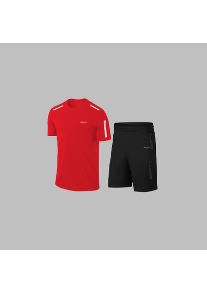 Erkek Kırmızı Dri-Fit Kumaş Baskısız Bisiklet Yaka Kısa Kol Konforlu Alt Üst Takım Şort Tişört Seti S-3xl