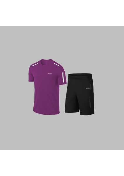 Erkek Mor Dri-Fit Kumaş Antrenman ve Koşu Için Konforlu Cepli Düz Tişört Şort Seti S-3xl