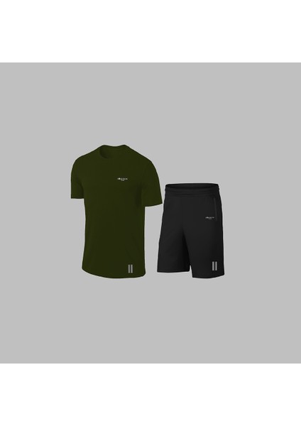 Erkek Haki Dri-Fit Kumaş Yürüyüş Için Konforlu Cepli Sıfır Yaka Tişört Şort Seti S-3xl