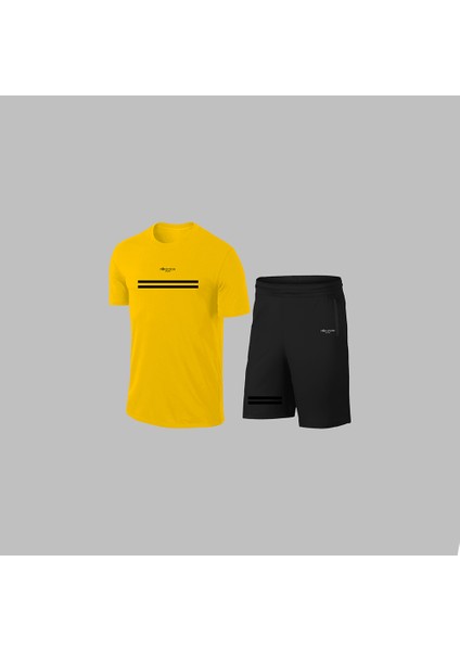 Erkek Sarı Dri-Fit Kumaş Cepli Baskısız Konforlu Tişört Şort Alt Üst Ikili Takım Seti S-3xl