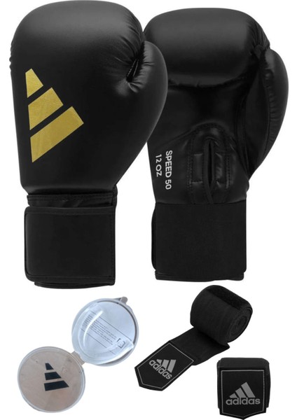 ADISBG50 SPEED50 Adidas Boks Eldiveni Kick Boks Muay Thai Boks Eldiveni, Bandaj ve Dislik 3’lü Set