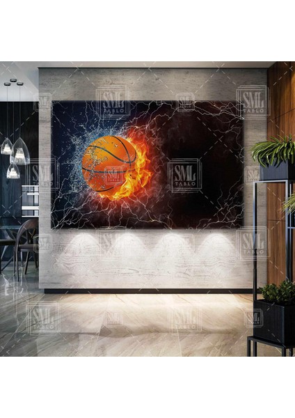 Yıldırımların Içindeki Basketbol Topu Ateş ve Su Karşılaşma Spor Yatay Kanvas Tablo