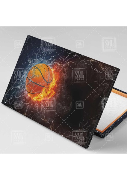 Yıldırımların Içindeki Basketbol Topu Ateş ve Su Karşılaşma Spor Yatay Kanvas Tablo