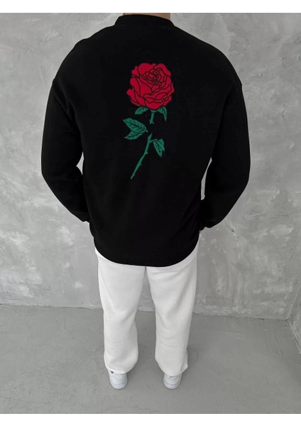 Unisex Bisiklet Yaka Ön ve Arka Baskılı Sweatshirt - Siyah