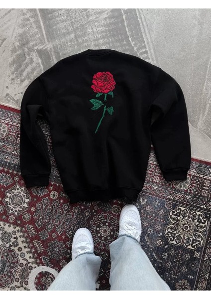 Unisex Bisiklet Yaka Ön ve Arka Baskılı Sweatshirt - Siyah