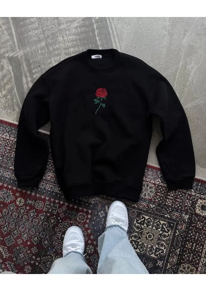 Unisex Bisiklet Yaka Ön ve Arka Baskılı Sweatshirt - Siyah