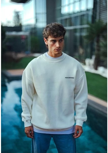 Kışlık Bisiklet Yaka Oversize Baskılı Sweatshirt - Beyaz