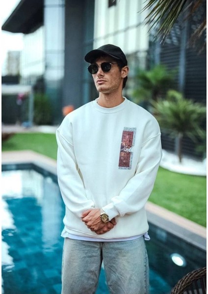 Uzun Kol Bisiklet Yaka Ön ve Arka Baskılı Sweatshirt - Beyaz