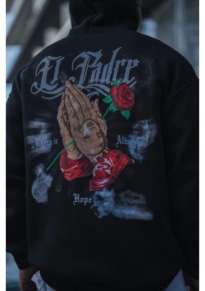 Üç Iplik Penye Kapşonlu Baskılı Sweatshirt - Siyah