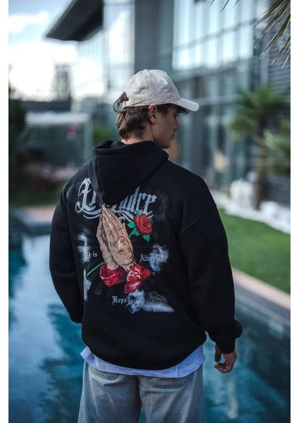 Üç Iplik Penye Kapşonlu Baskılı Sweatshirt - Siyah