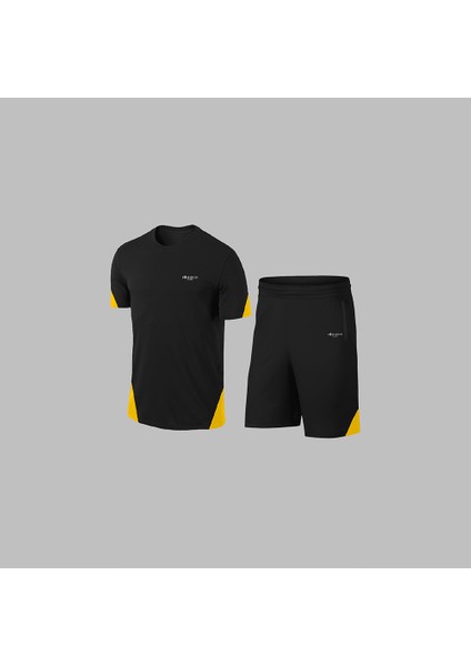 Erkek Siyah Dri-Fit Kumaş Cepli Baskısız Sıfır Yaka Kısa Kol Alt Üst Takım Tişört Şort Seti S-3xl