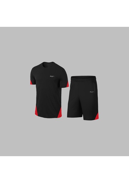 Erkek Siyah Dri-Fit Kumaş Baskısız Bisiklet Yaka Kısa Kol Konforlu Alt Üst Takım Şort Tişört Seti S-3xl