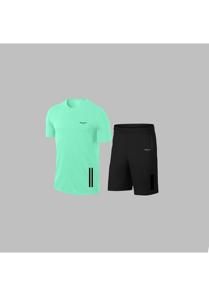 Erkek Su Yeşili Dri-Fit Kumaş Cepli Düz Kısa Kol Konforlu Tişört Şort Alt Üst Ikili Takım Seti S-3xl