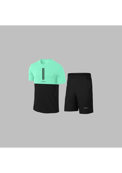 Erkek Su Yeşili Dri-Fit Kumaş Cepli Düz Kısa Kol Konforlu Tişört Şort Alt Üst Ikili Takım Seti S-3xl