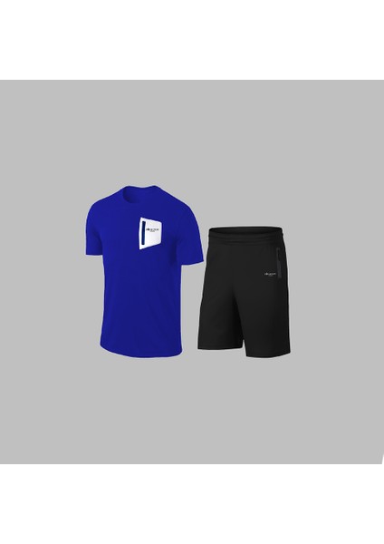 Erkek Mavi Dri-Fit Kumaş Antrenman ve Koşu Için Konforlu Cepli Kısa Kol Tişört Şort Ikili Takım S-3xl
